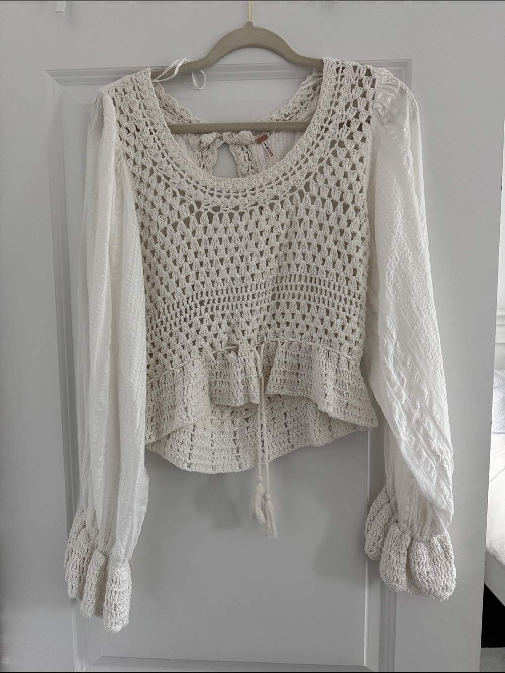 Free People Cream Crochet Peasant Blouse with Textured Sleeves